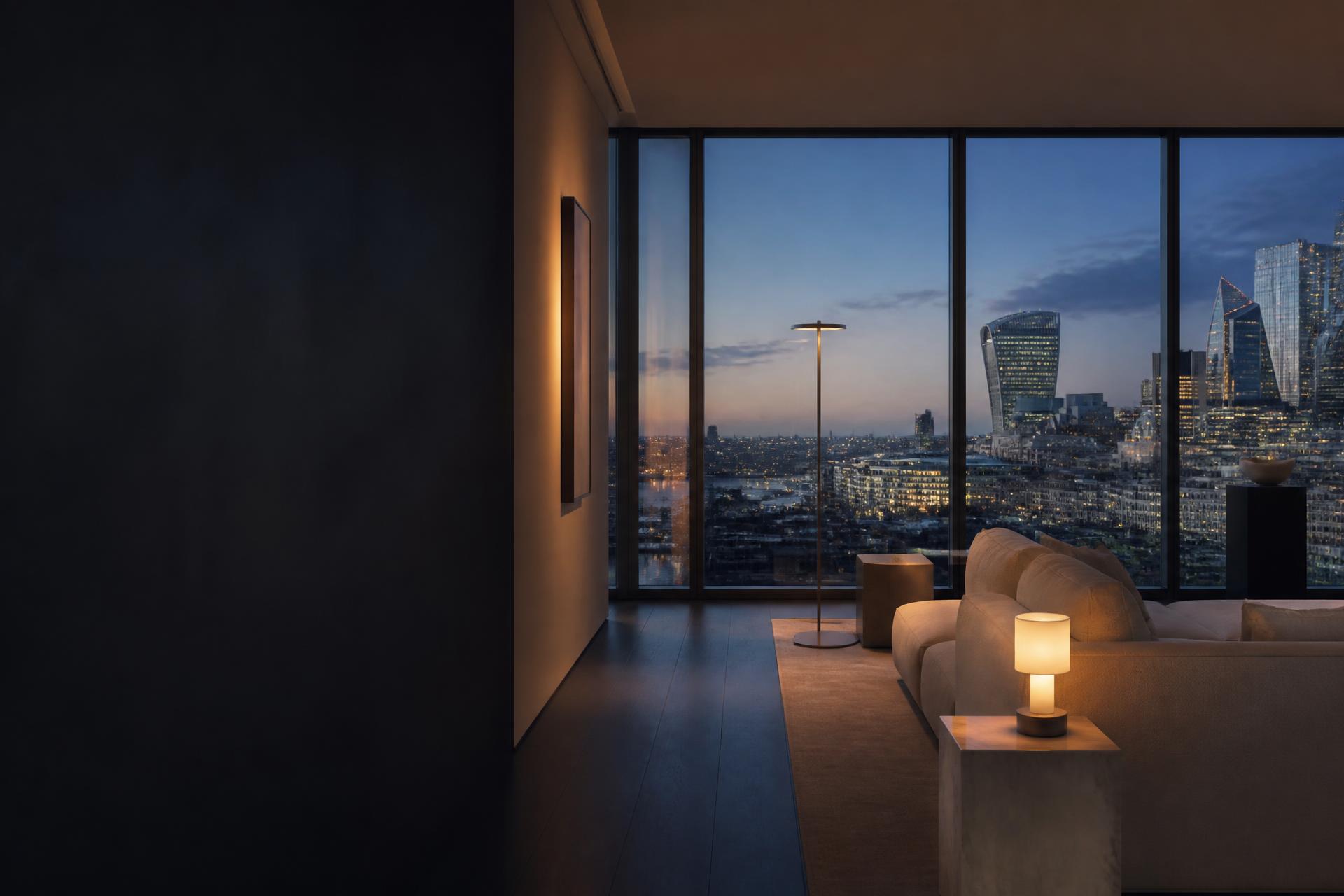 Minimal London penthouse living room at dusk with floor-to-ceiling glazing overlooking the City skyline